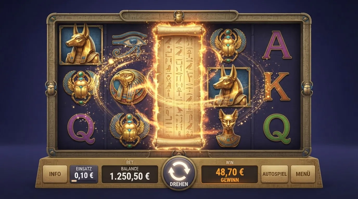 Spielbildschirm des Slots Book of Dead mit den fünf Walzen, altägyptischen Symbolen und der Wettanzeige