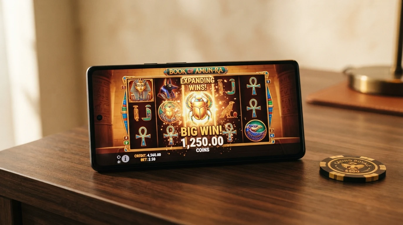 Spielbildschirm des Spielautomaten Book of Dead von Play'n GO mit sichtbaren Walzen, dem Expanding-Symbol-Feature und dem Einsatzbereich
