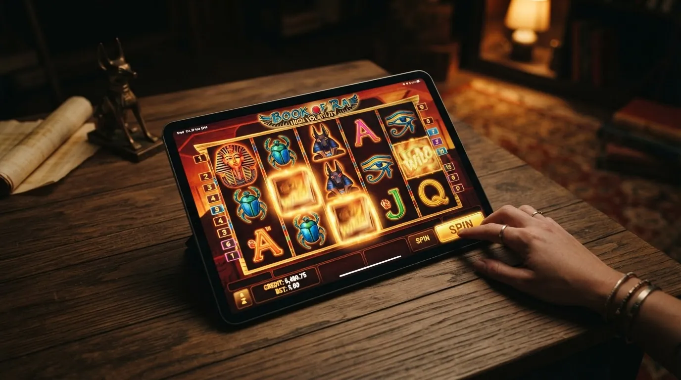 Der Spielautomat Book of Dead von Play'n GO auf einem Tablet-Bildschirm, die Walzen mit ägyptischen Symbolen in einer Bonusrunde