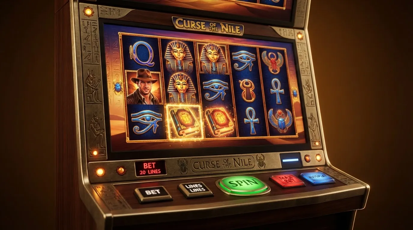 Der Spielautomat Book of Dead von Play'n GO auf einem Tablet-Bildschirm, im Hintergrund das altägyptische Design des Slots