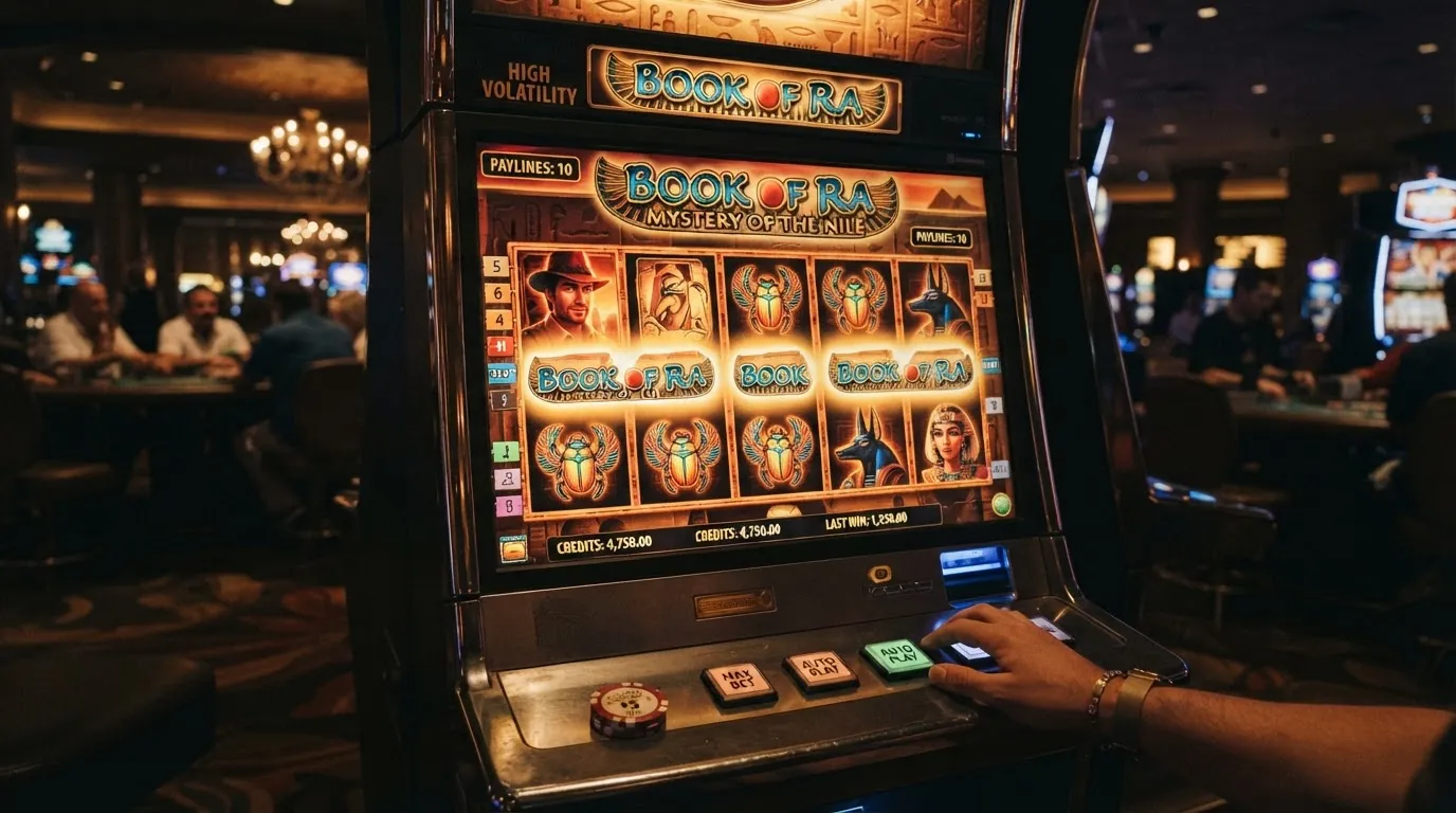 Der Spielautomat Book of Dead von Play'n GO mit den fünf Walzen und der markanten Ägypten-Grafik im Vollbild