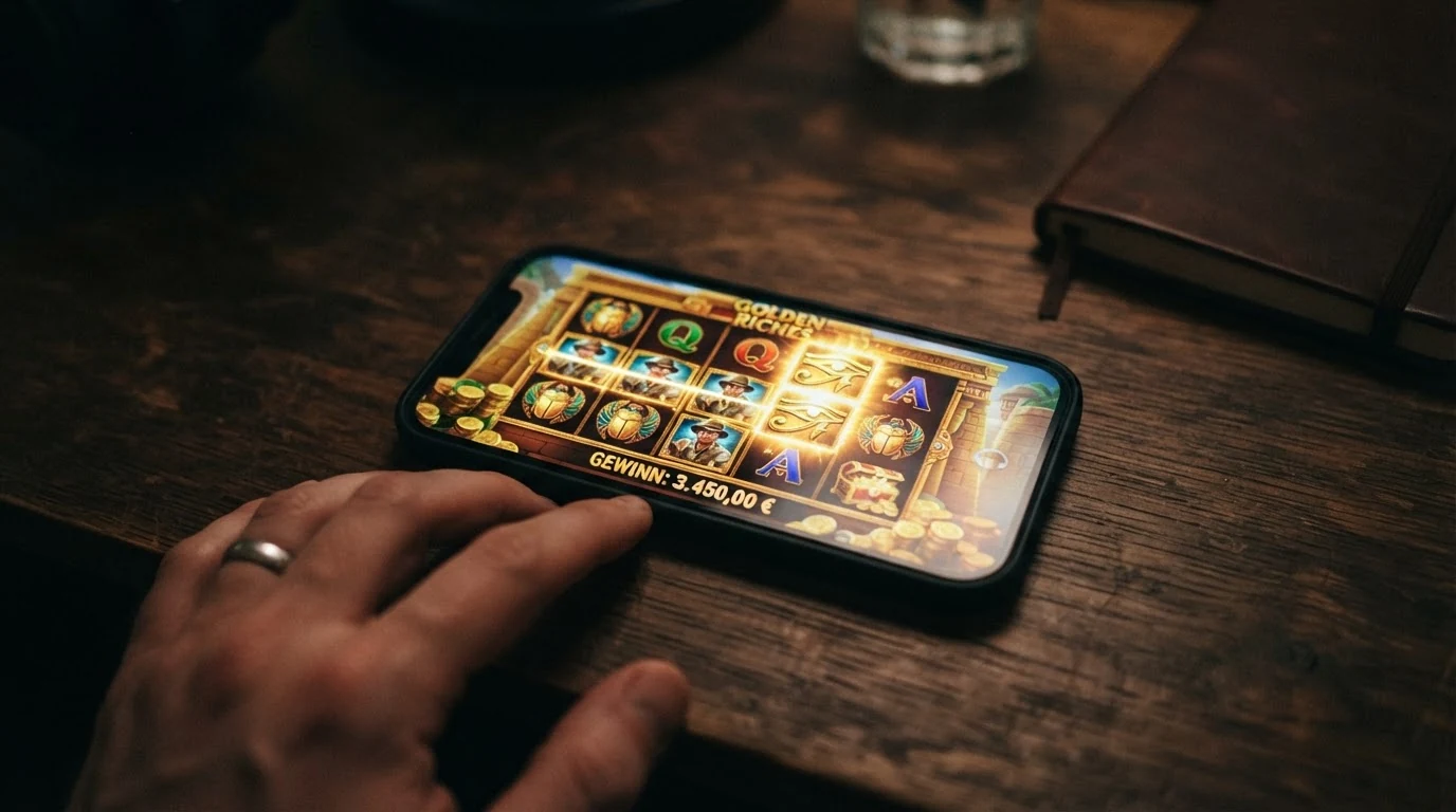 Spielbildschirm des Slots Book of Dead mit den fünf Walzen, dem goldenen Buch-Symbol als Scatter und einer sichtbaren Gewinnanzeige