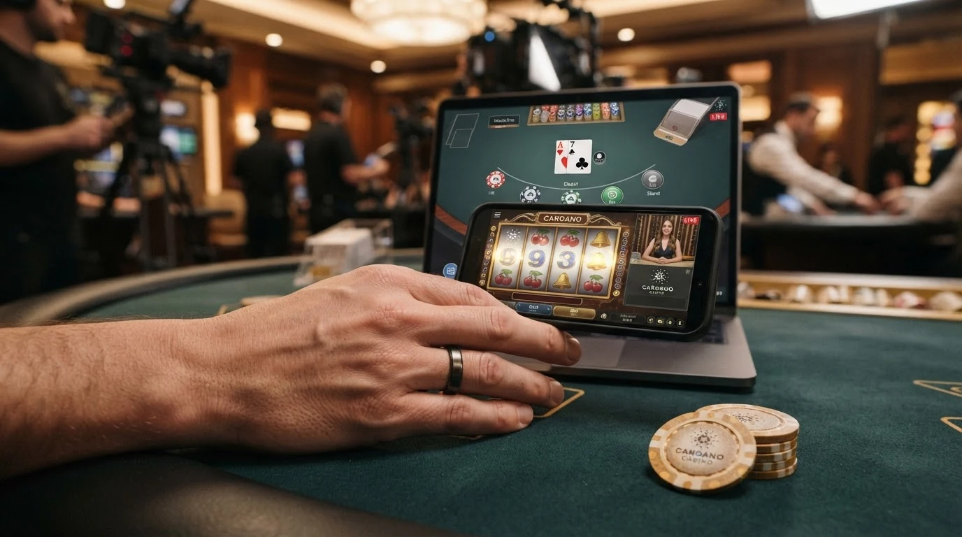 Spielautomaten, Blackjack-Tisch und Live-Dealer-Stream auf einem Bildschirm mit ADA-Einzahlungsbestätigung