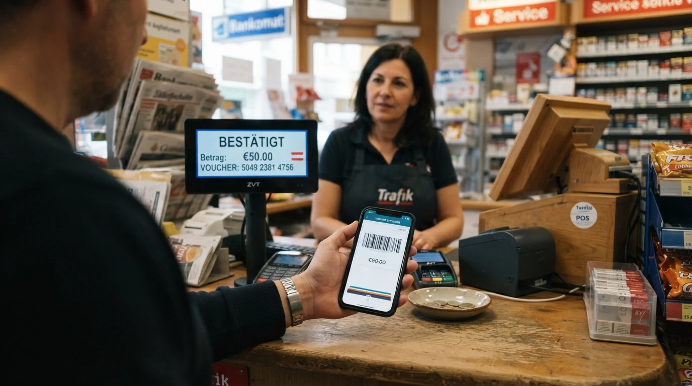 Eine Hand hält ein Smartphone mit geöffnetem Barcode an eine Supermarktkasse, der Bildschirm des Kassenterminals zeigt den bestätigten Betrag