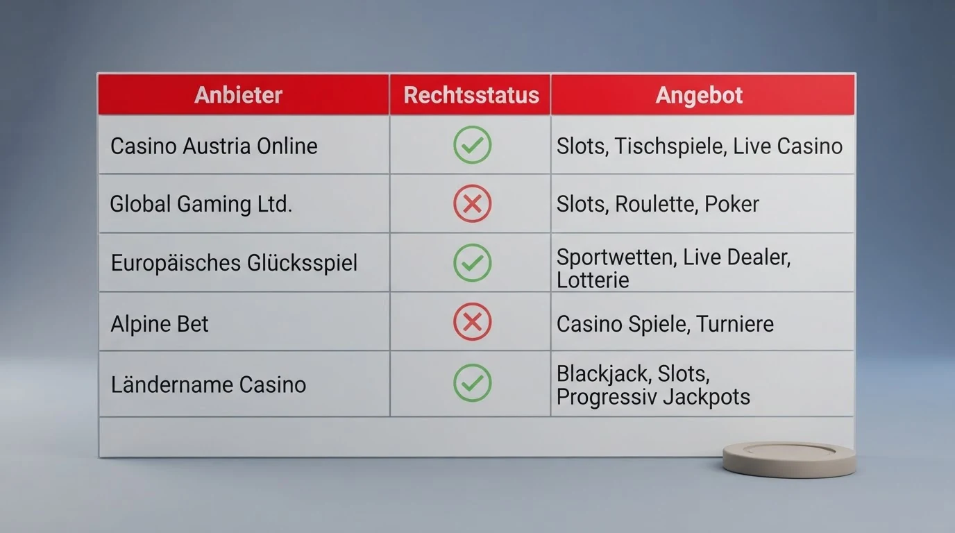 Eine Übersichtstabelle mit Casino-Namen, Lizenzsäulen und Häkchen-Symbolen für Auszahlungsgeschwindigkeit und Bonus-Verfügbarkeit