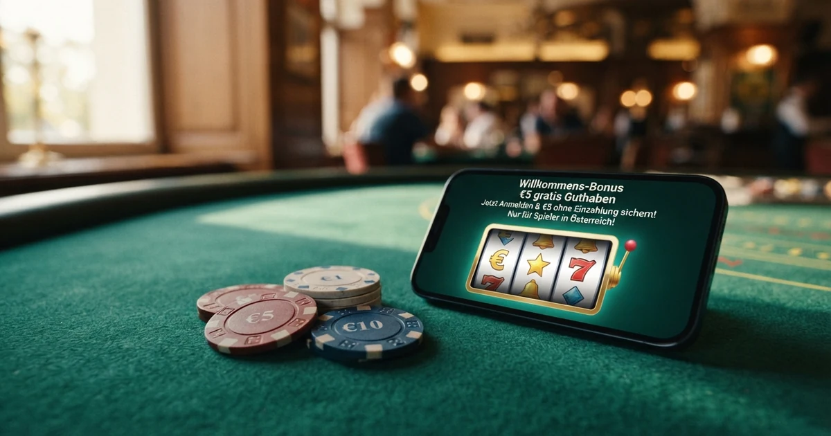 Drei Casino-Chips auf einem grünen Filztisch, daneben ein Smartphone mit geöffneter Casino-App und dem Text „Bonus ohne Einzahlung“