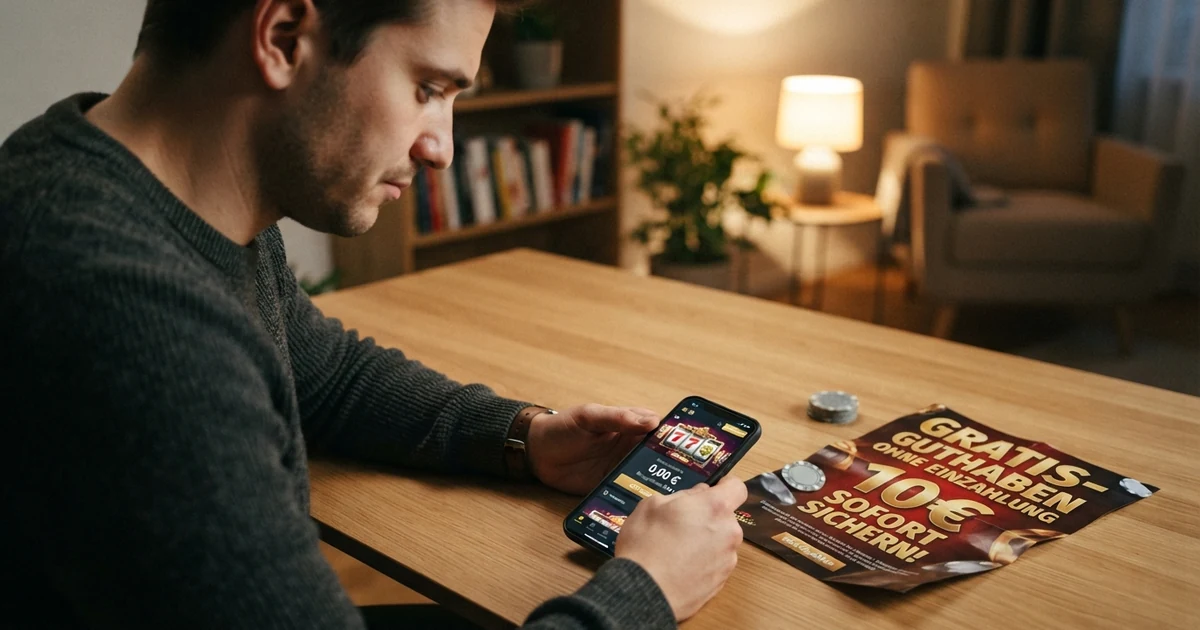 Ein Spieler blickt auf ein leeres Casino-Bonusguthaben mit der Aufschrift „0,00 €“ auf dem Bildschirm, daneben Werbeversprechen mit „Gratis-Guthaben“