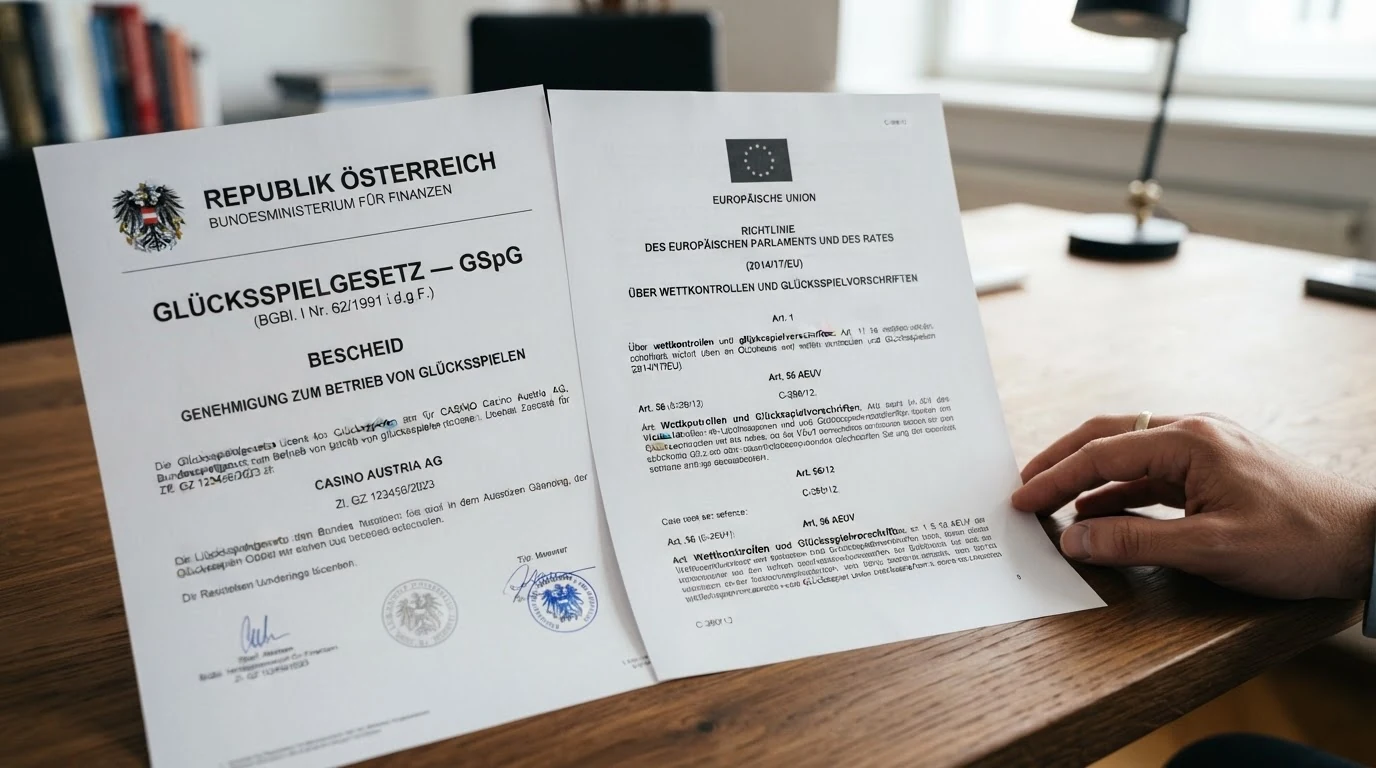 Nahaufnahme eines österreichischen Gesetzestextes mit dem Bundesadler und dem Titel „Glücksspielgesetz — GSpG“ neben einem EU-Dokument mit dem EuGH-Siegel