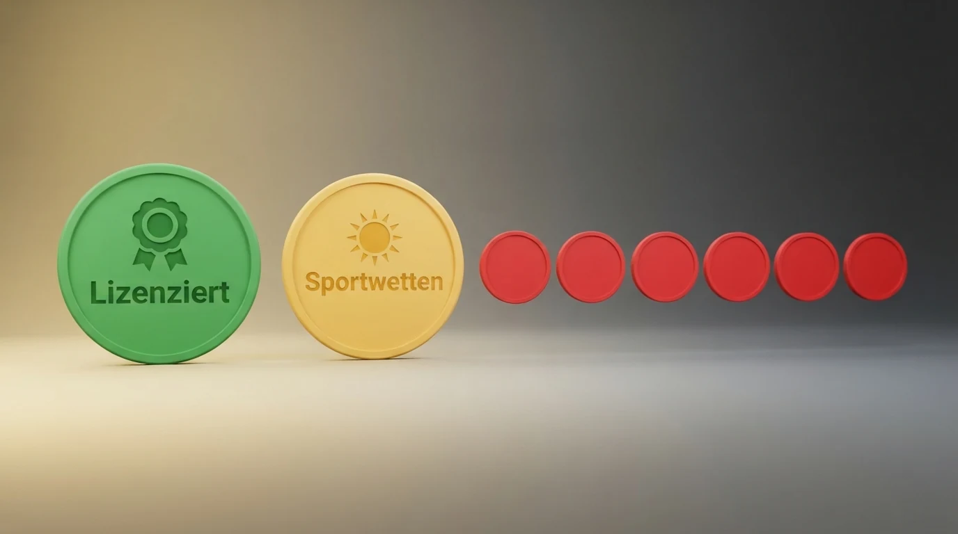 Eine Übersichtsgrafik mit zehn Casino-Logos, farblich getrennt in drei Gruppen: grün für AT-Konzession (ein Logo), gelb für AT-Sportwetten-Konzession ohne Casino (ein Logo), rot für Offshore/EU-Lizenz ohne AT-Autorisierung (acht Logos)