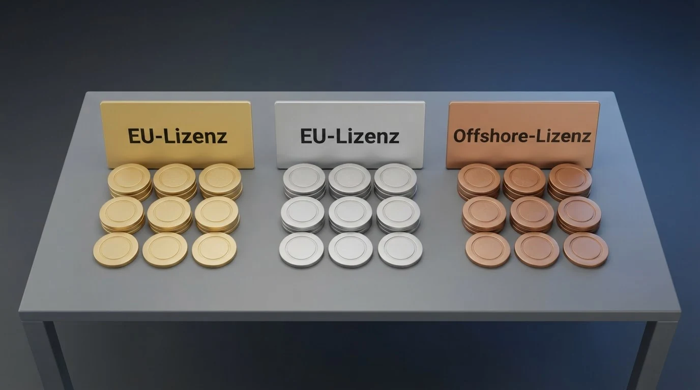 Eine Übersicht mit Casino-Logos, daneben farblich markierte Hinweise auf die ausländische Lizenz — MGA, Gibraltar und Curaçao.