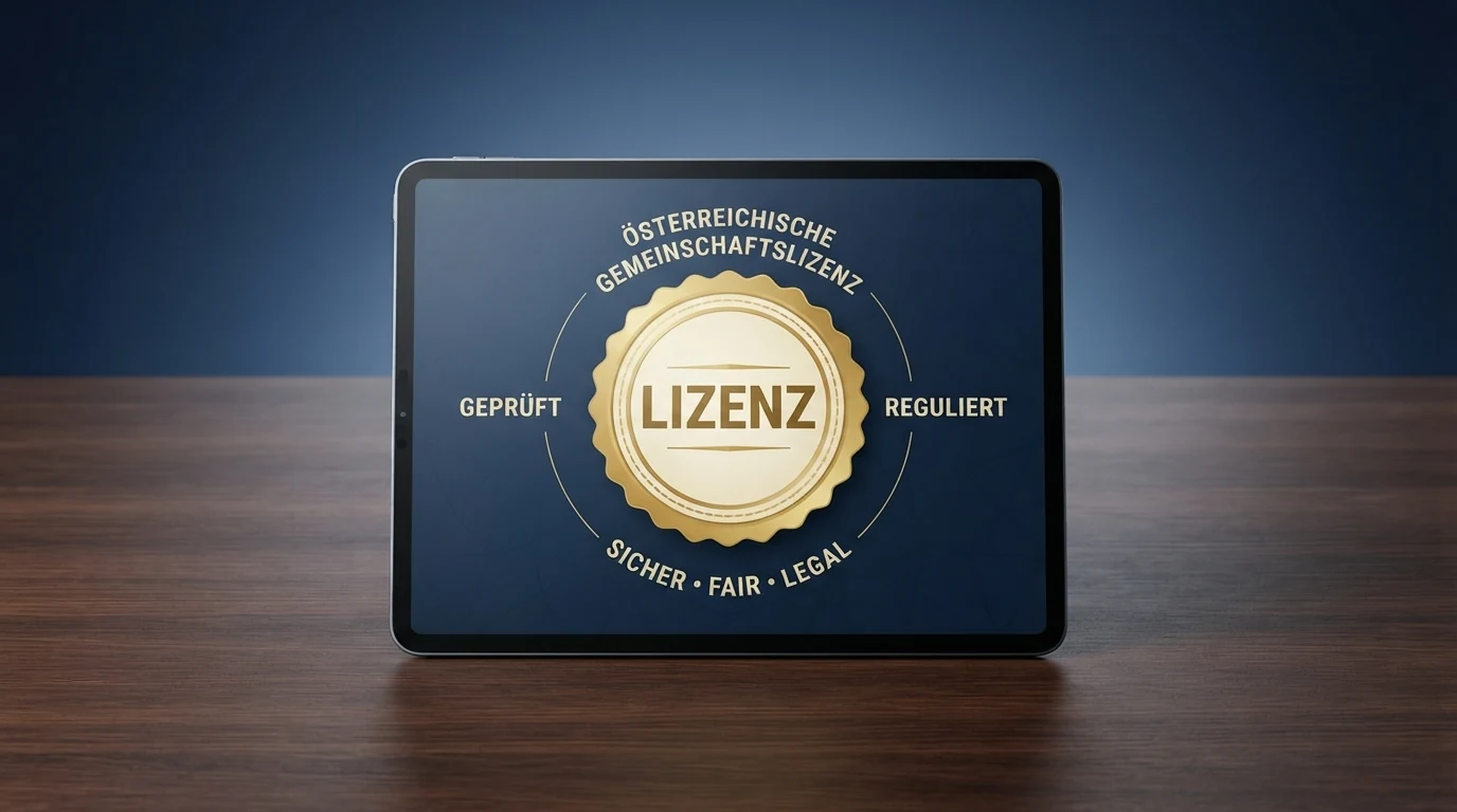 Eine tabellarische Übersicht auf einem Bildschirm, die Casino-Namen ihrer Lizenzbehörde gegenüberstellt; die Zeile der österreichischen Konzession ist farblich markiert.