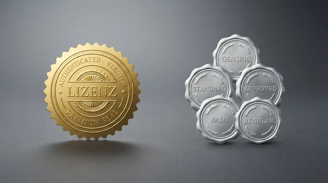 Eine visuelle Gegenüberstellung: links das win2day-Logo unter der Überschrift "Österreichische Konzession", rechts eine Gruppierung internationaler Casino-Logos mit MGA- und Gibraltar-Labeln