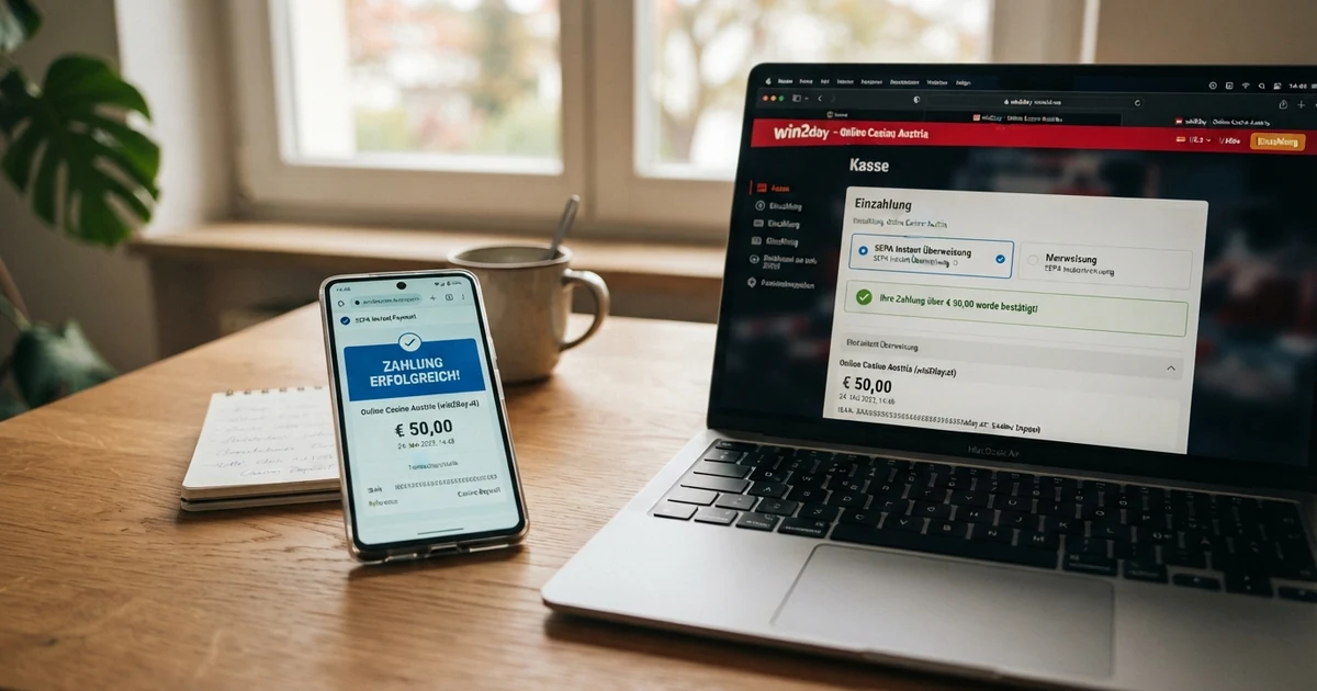 Smartphone mit geöffneter Banking-App und bestätigter SEPA-Echtzeitüberweisung an ein Online-Casino, daneben Laptop mit dem Casino-Kassenbereich
