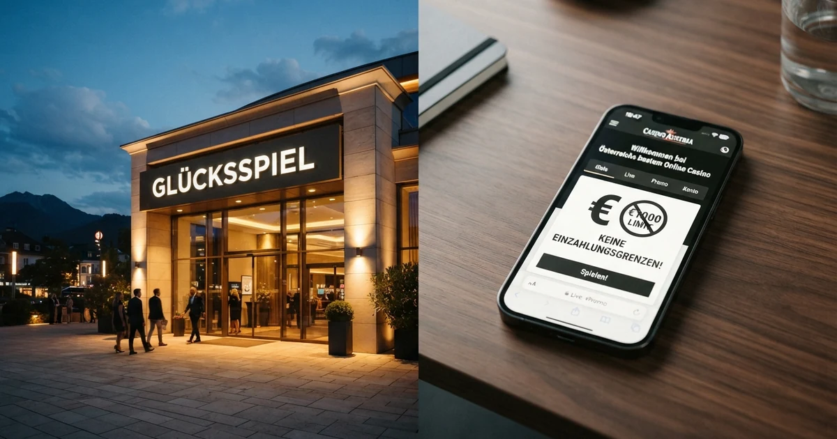 Eine geteilte Bildkomposition: links ein Casino-Eingang mit österreichischem Glücksspiel-Schriftzug, rechts ein Smartphone mit einer Casino-App, die ein durchgestrichenes Limit-Symbol anzeigt