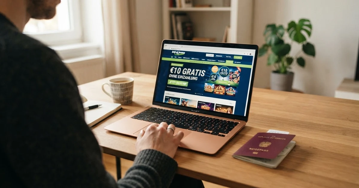 Ein geöffneter Laptop zeigt eine Casino-Startseite mit einem hervorgehobenen Willkommensbonus-Banner; daneben liegt ein österreichischer Reisepass.