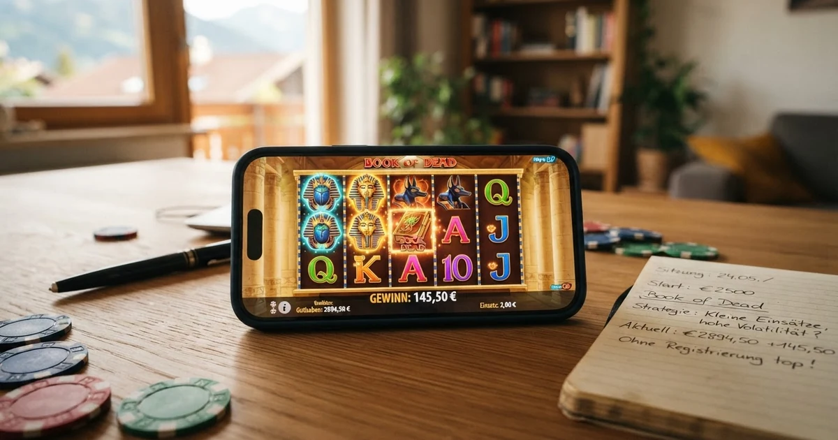 Mehrere Spielautomaten-Walzen mit bunten Symbolen nebeneinander im Browser-Fenster, kein Anmeldeformular sichtbar, Spielgeld-Guthaben am oberen Rand eingeblendet
