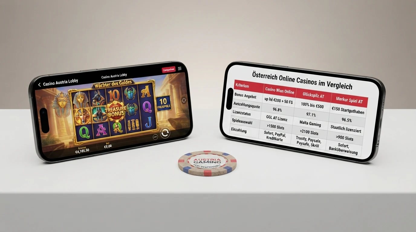 Vergleichstabelle der zehn wichtigsten Book of Dead-Casinos für österreichische Spieler mit AT-Lizenzstatus, Willkommensbonus und Freispiel-Anzahl