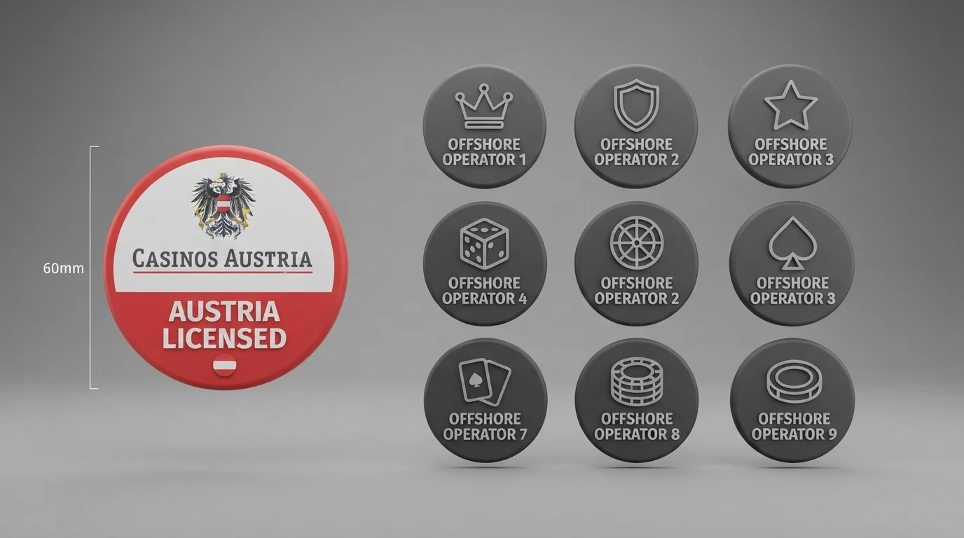 Gegenüberstellung von zehn Casino-Logos, gruppiert nach Lizenzstatus — eine österreichische Konzession links, MGA- und Curaçao-Lizenzen rechts