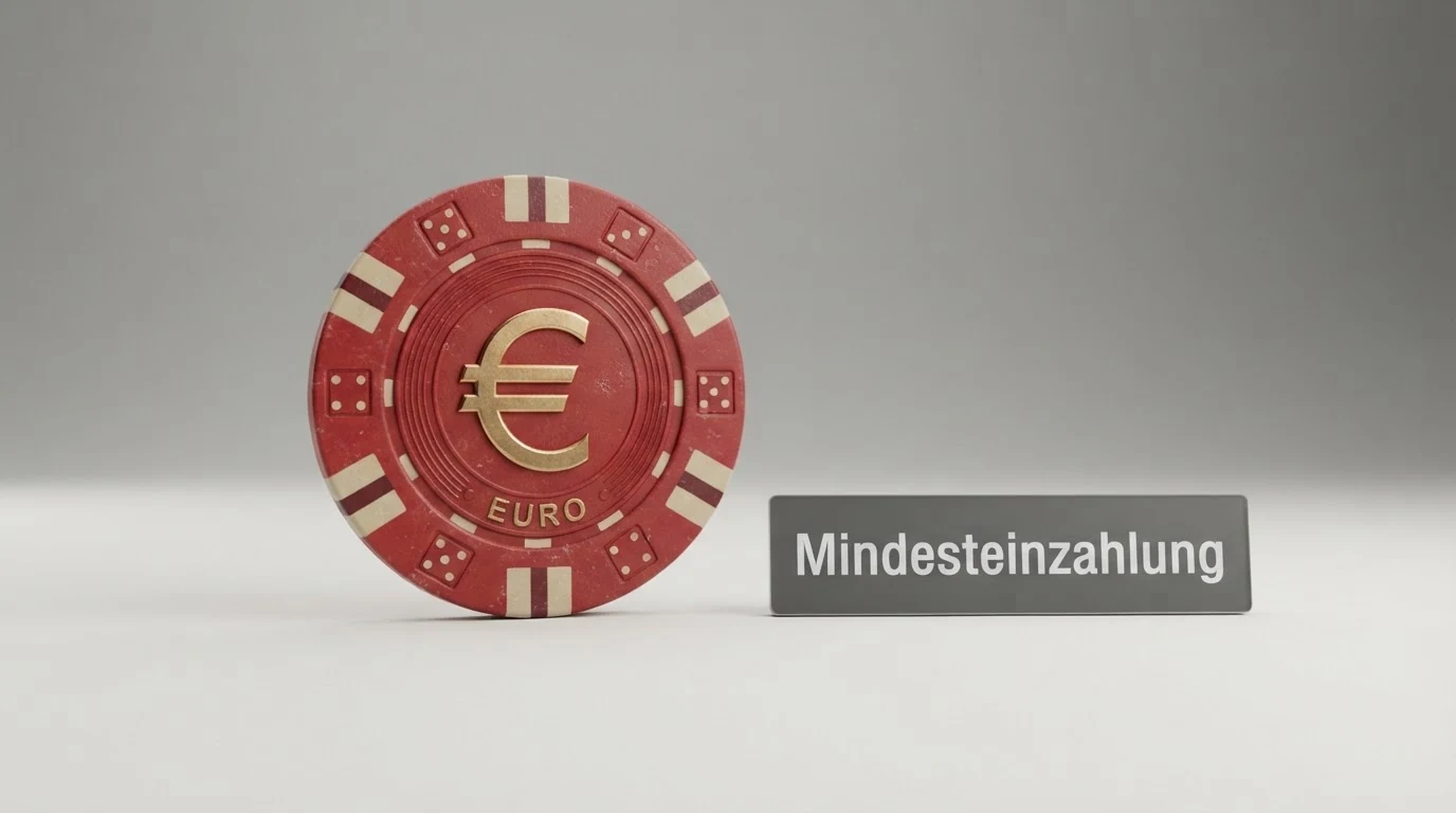 Vergleichstabelle mit Casino-Namen, Mindesteinzahlungsbeträgen von 1 € bis 10 € und einer farblich hervorgehobenen Spalte für den AT-Lizenzstatus