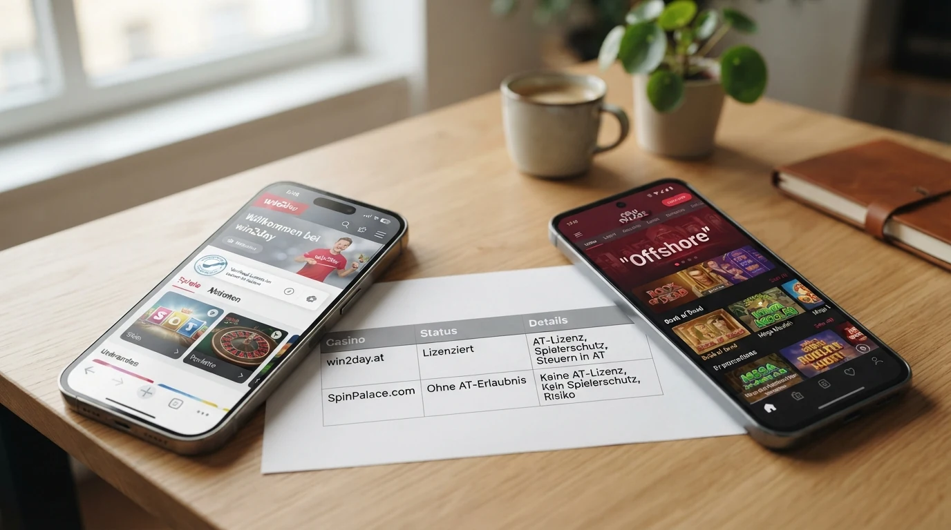 Eine tabellarische Übersicht mit Casino-Logos und farblich markierten Rechtsstatus-Spalten