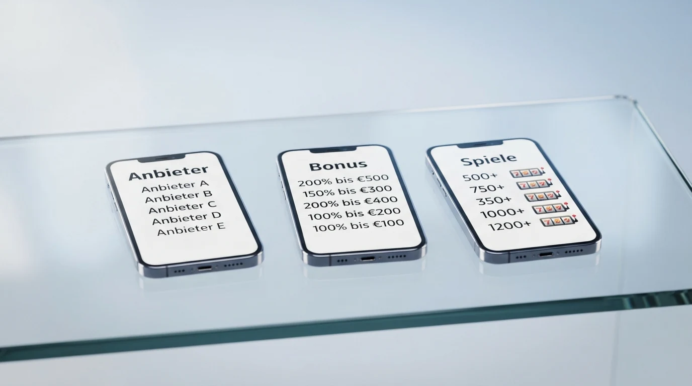 Eine Übersichtstabelle mit Casino-Logos, Bonus-Prozentsätzen und Lizenzsymbolen nebeneinander aufgereiht