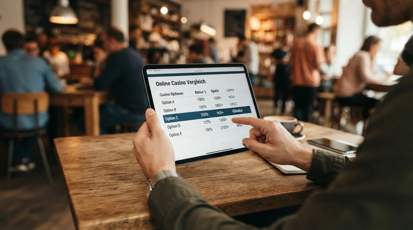 Eine strukturierte Übersichtstabelle auf einem Laptop-Bildschirm zeigt Casino-Namen, Bonus-Prozentsätze und Lizenz-Angaben nebeneinander