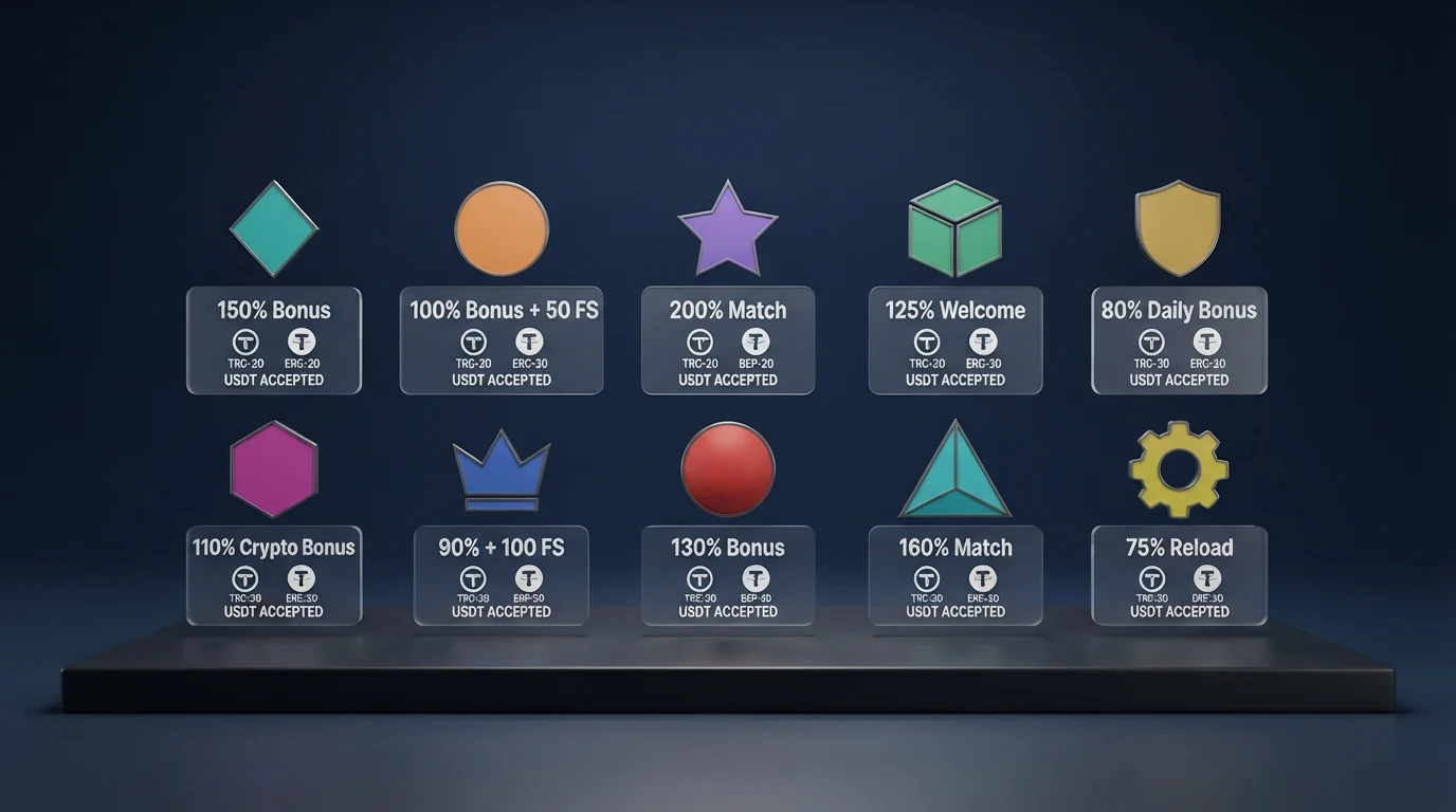 Eine stilisierte Übersicht von zehn Casino-Logos auf einem dunklen Hintergrund, darunter eine Tabelle mit Bonus-Prozentwerten und Netzwerk-Symbolen (TRC-20, ERC-20, BEP-20)