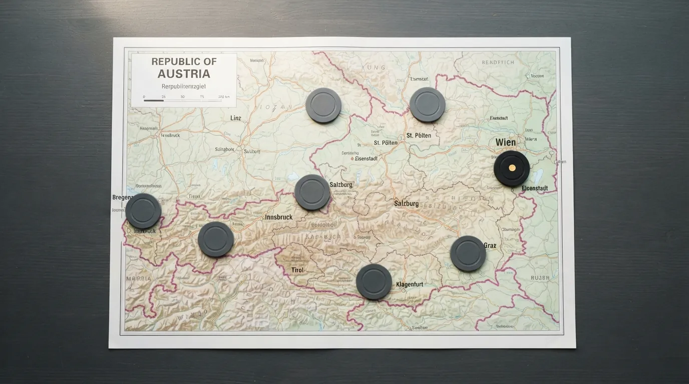 Eine Österreich-Karte mit zehn markierten Punkten, von denen neun als Offshore gekennzeichnet sind und einer das offizielle BMF-Konzessionssiegel trägt.
