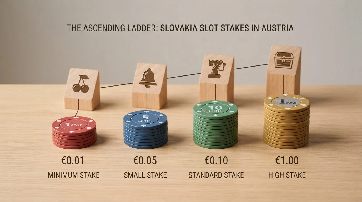 Vier Münzstapel — 1-Cent-, 5-Cent-, 10-Cent- und 1-Euro-Münzen — nebeneinander, jeweils mit einem Slot-Symbol (Walze) verbunden, das die steigende Spielauswahl pro Einsatzhöhe visualisiert