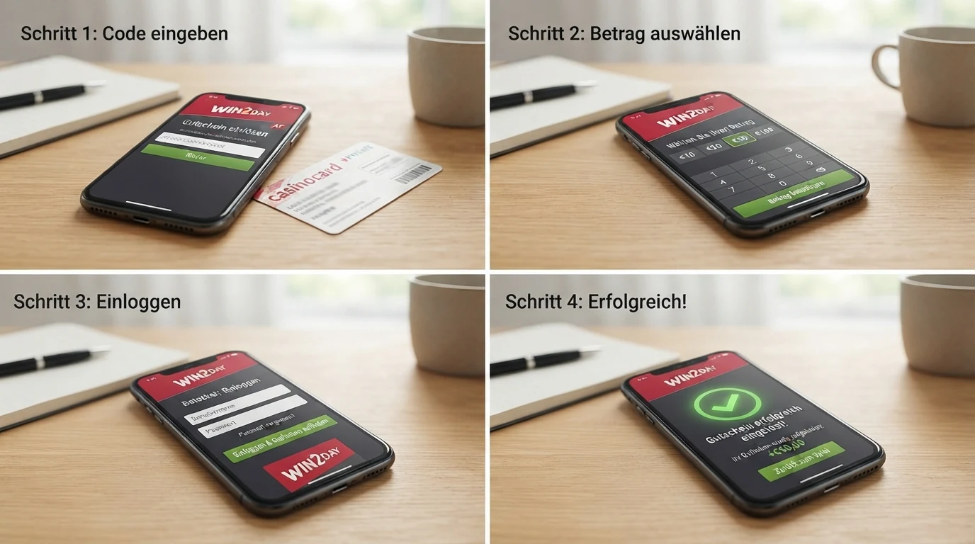Die vier Stationen der Paysafecard-Einzahlung im Casino: Code-Eingabe, Betrag wählen, myPaysafe-Login und Bestätigung der Transaktion