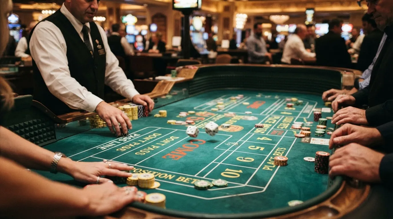 Schaubild eines Craps-Tisches mit farblich markierten Wettzonen für Pass Line und Don't Pass