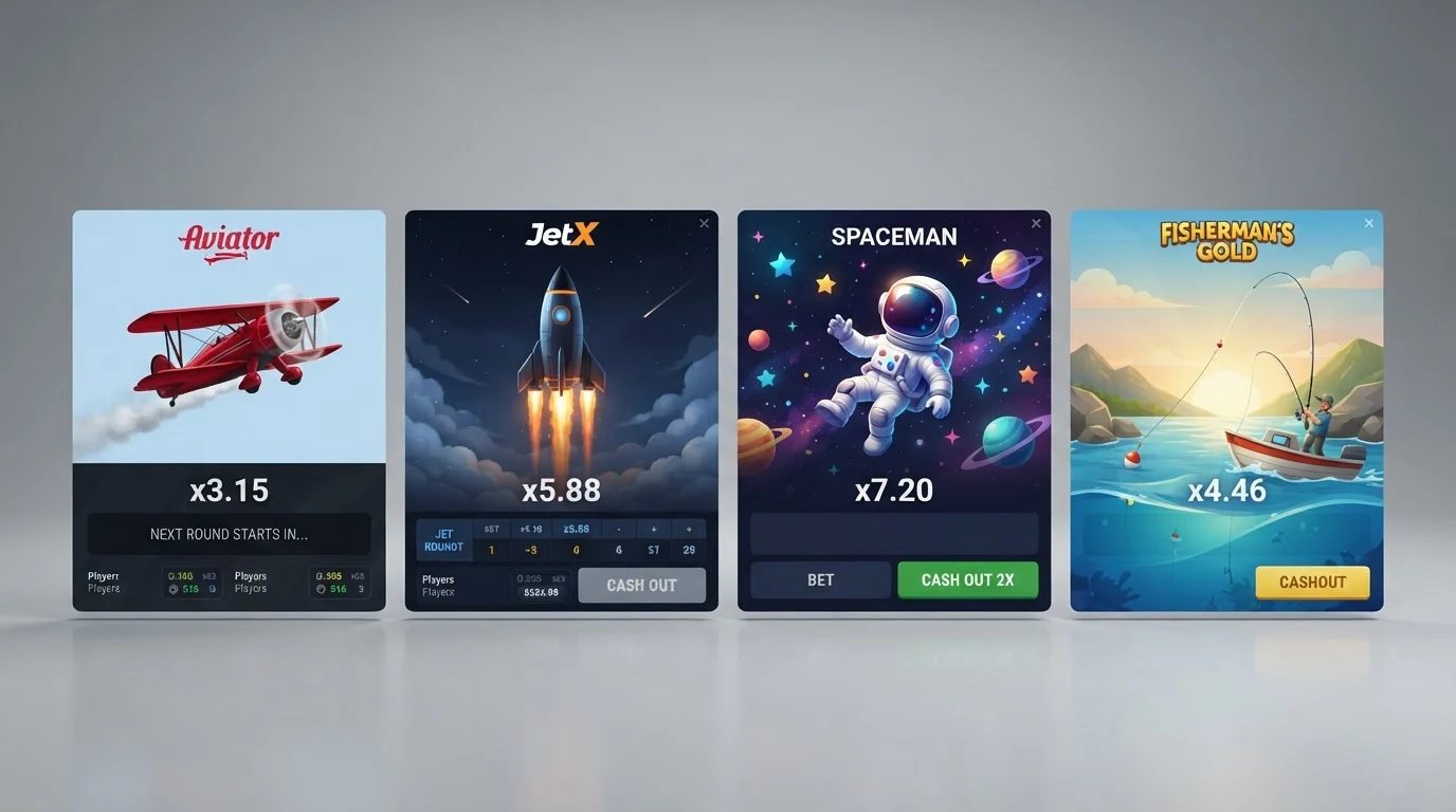 Vier beliebte Crash-Spiele im Direktvergleich mit unterschiedlichen Grafiken: Flugzeug (Aviator), Rakete (JetX), Astronaut (Spaceman) und Angelmotiv (Big Bass Crash)