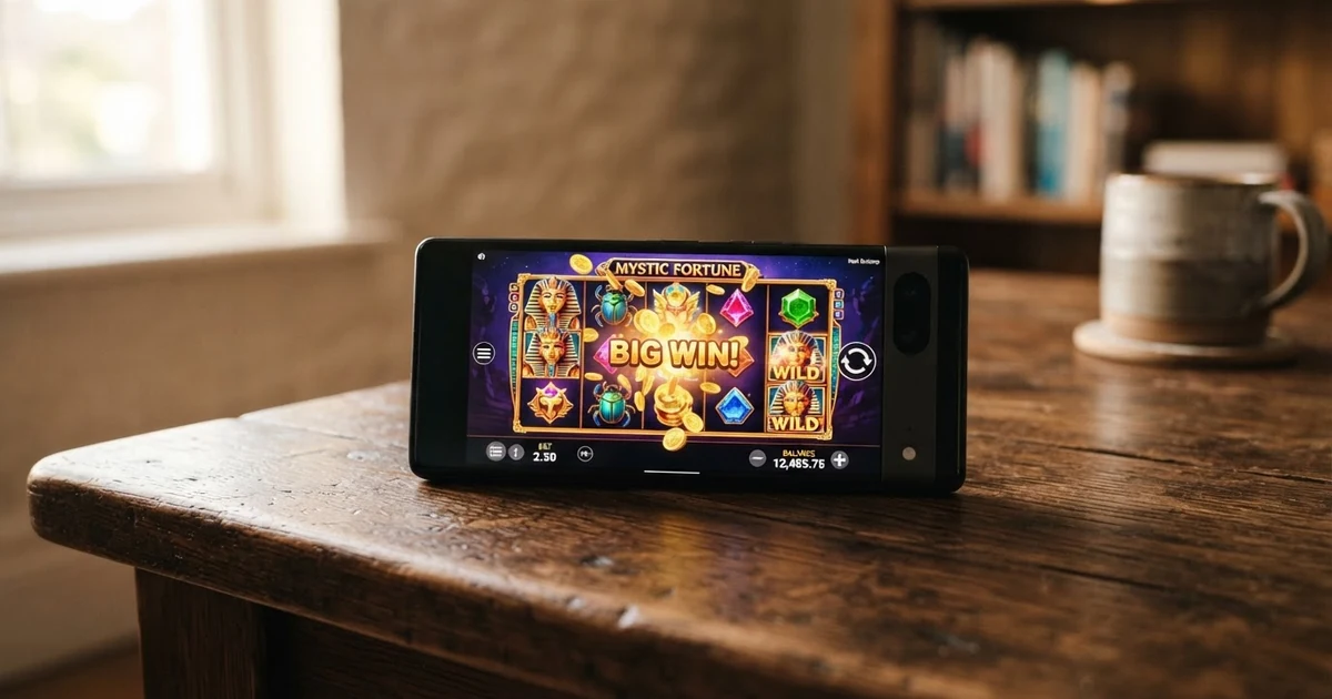 Ein Smartphone liegt auf einem dunklen Holztisch, auf dem Display läuft ein Casino-Spiel