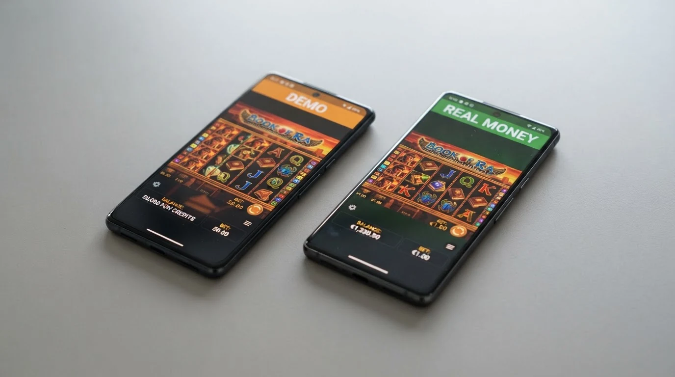 Zwei nebeneinander dargestellte Slot-Bildschirme: links ein Spielgeld-Slot mit der Beschriftung „Demo“, rechts ein Echtgeld-Slot mit Einsatz- und Guthabenanzeige