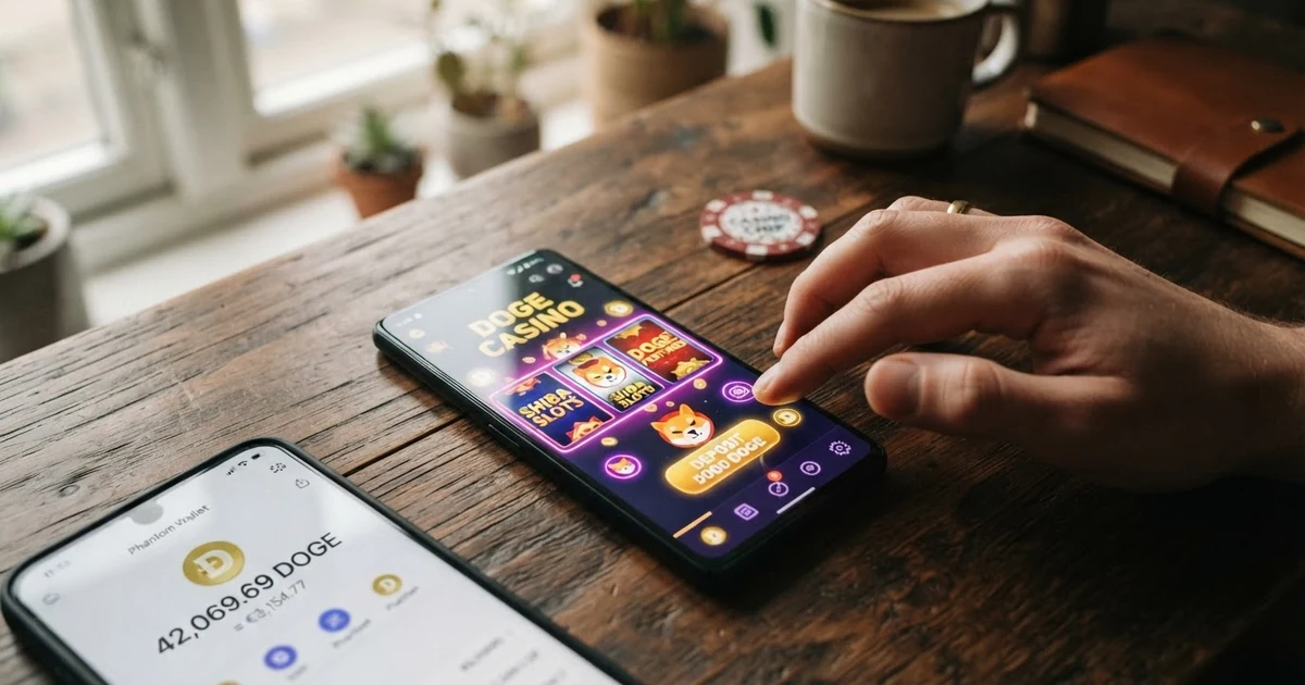 Ein Smartphone-Bildschirm zeigt eine Casino-Lobby mit Dogecoin-Logo und Spielautomaten-Vorschauen, daneben eine Krypto-Wallet-App mit DOGE-Guthaben