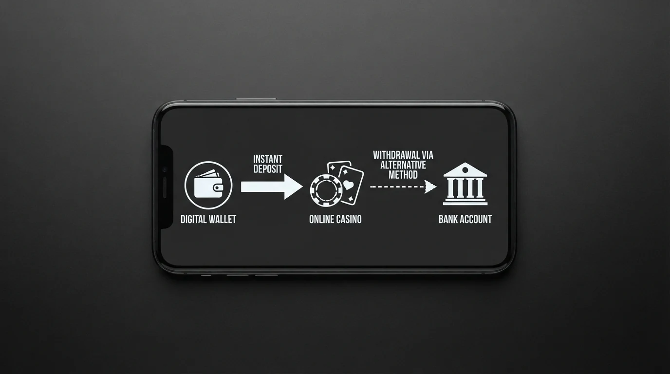 Schaubild: Pfeil von Google Pay zum Casino (Einzahlung sofort) und gestrichelter Pfeil zurück zur Banküberweisung (Auszahlung alternativ)