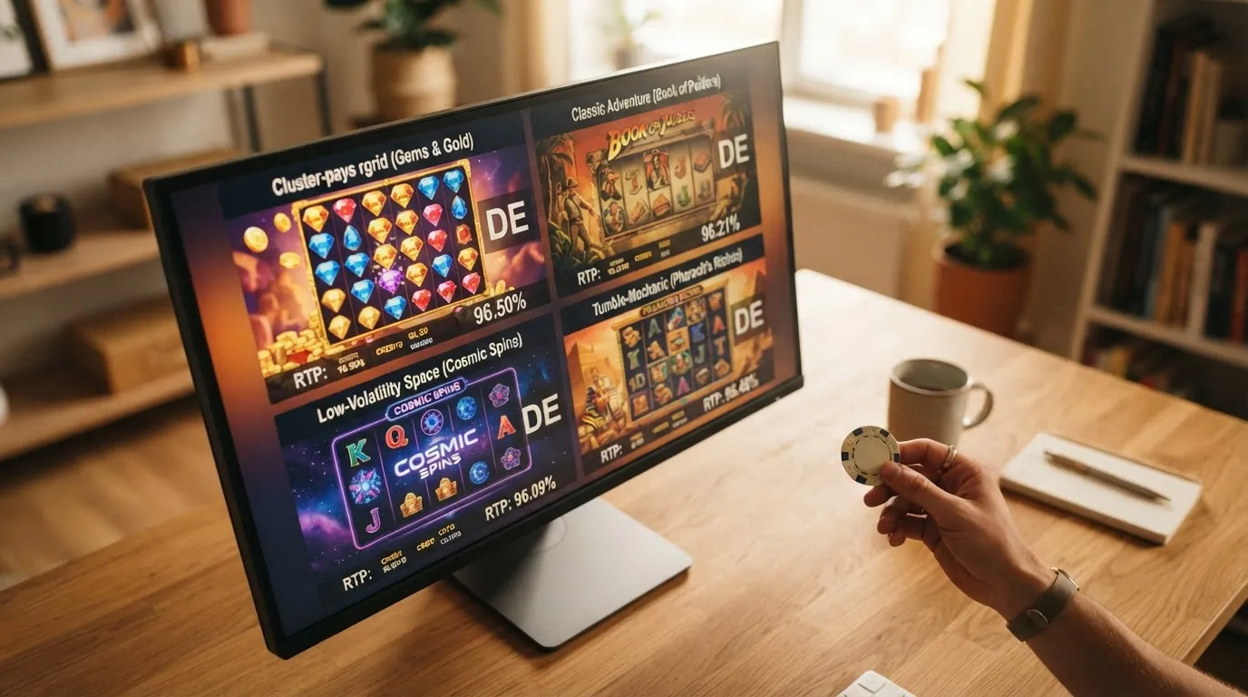 Vier Slot-Cover (Gates of Olympus, Book of Dead, Starburst, Sweet Bonanza) mit eingeblendeten RTP-Prozentwerten