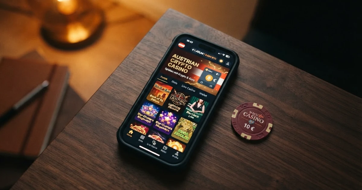 Eine digitale Geldbörse mit Ethereum-Guthaben neben einer Casino-Lobby mit Spielkarten und Slot-Symbolen, verbunden durch ein Blockchain-Netzwerk