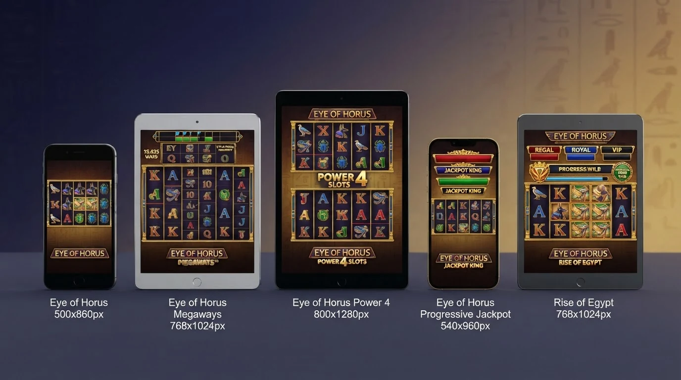 Fünf Eye-of-Horus-Titel nebeneinander aufgereiht — Original, Megaways, Power 4, Jackpot King und Rise of Egypt — jede Variante mit ihrer eigenen Walzenanordnung und Feature-Leiste
