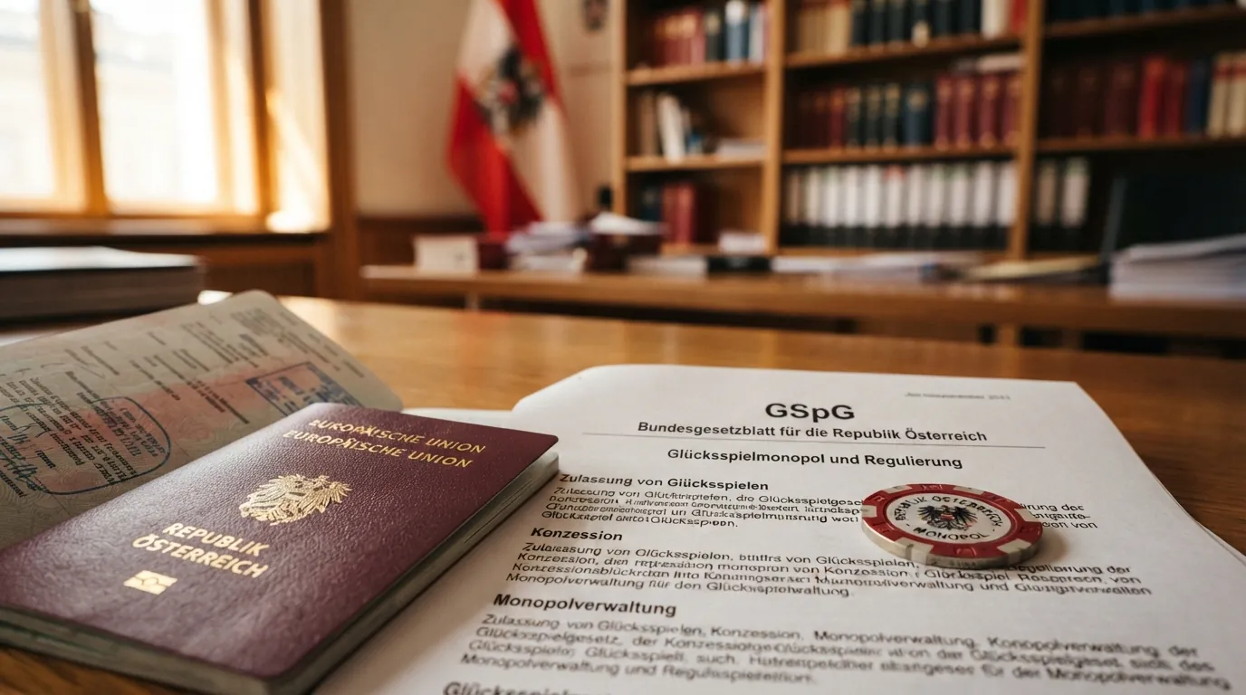 Ein österreichischer Reisepass liegt neben einem aufgeschlagenen Gesetzestext mit dem Titel „GSpG“