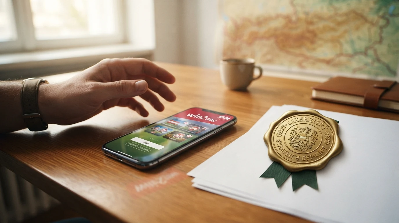 Ein stilisiertes österreichisches Bundeswappen neben einem Smartphone mit dem win2day-Logo, abgegrenzt von durchgestrichenen Offshore-Casino-Logos
