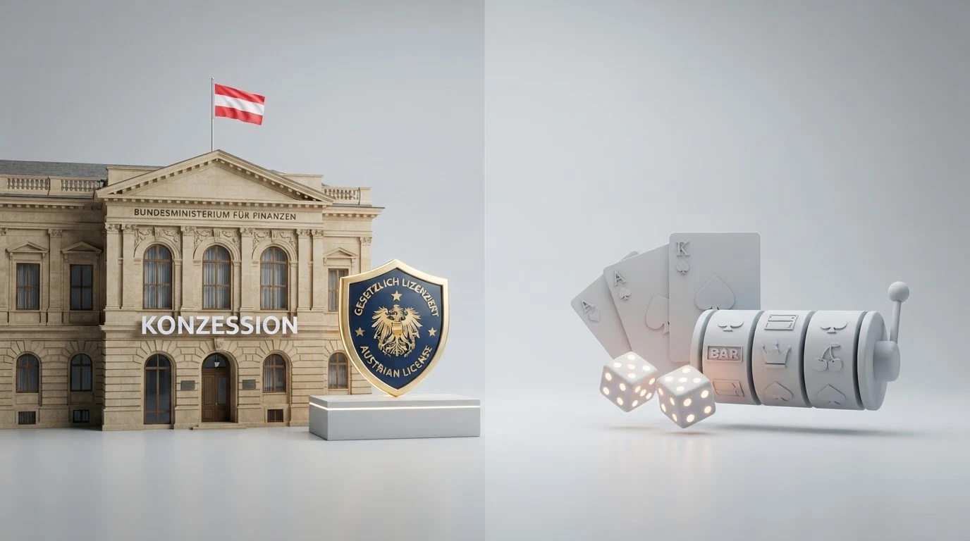 Eine schematische Gegenüberstellung: links das BMF-Gebäude mit dem Schriftzug „Konzession“, rechts Casino-Logos mit MGA- und Curaçao-Kennzeichnung