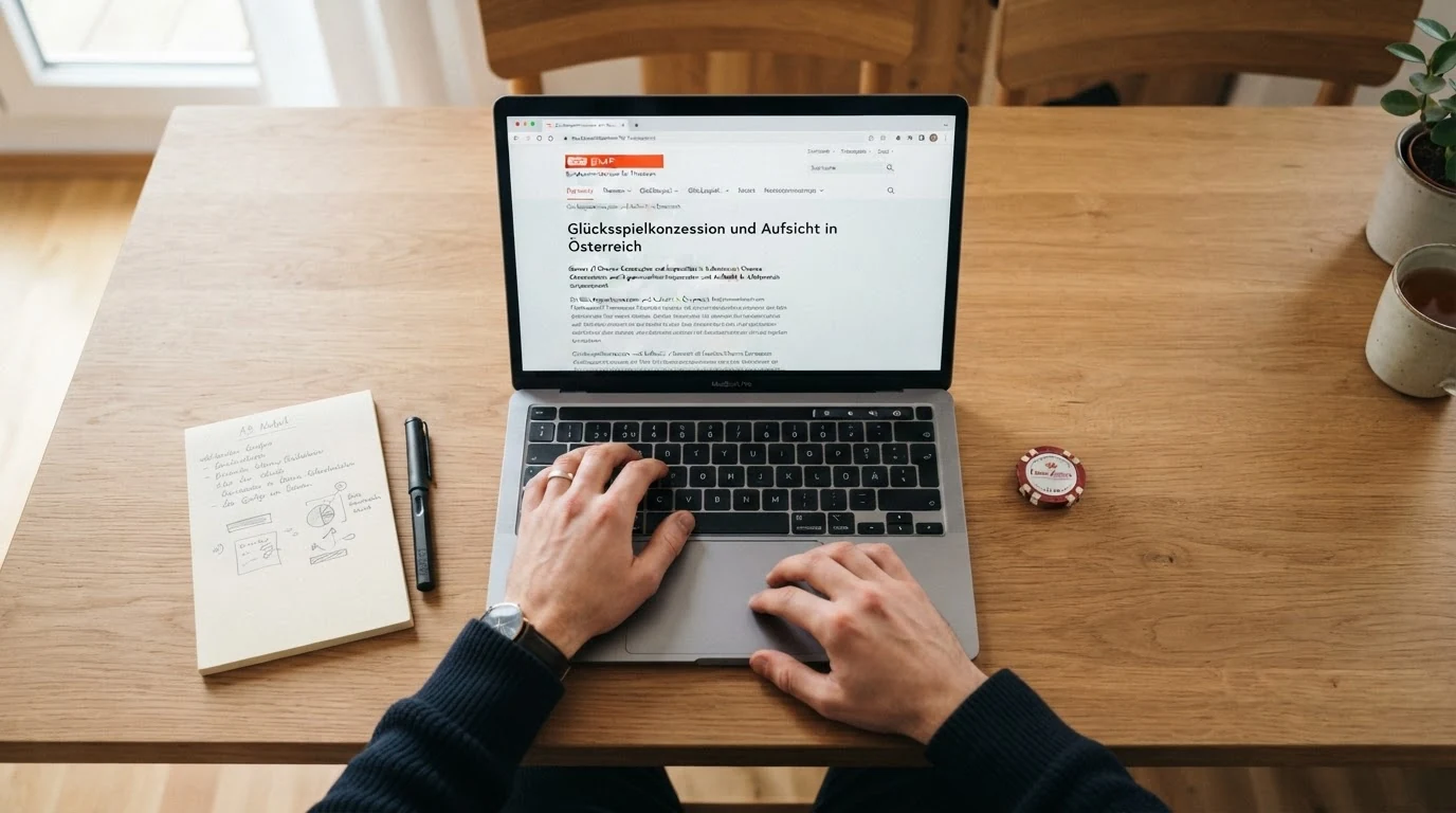 Screenshot oder Darstellung der offiziellen BMF-Website mit Informationen zur Glücksspielkonzession und Aufsichtsstruktur in Österreich