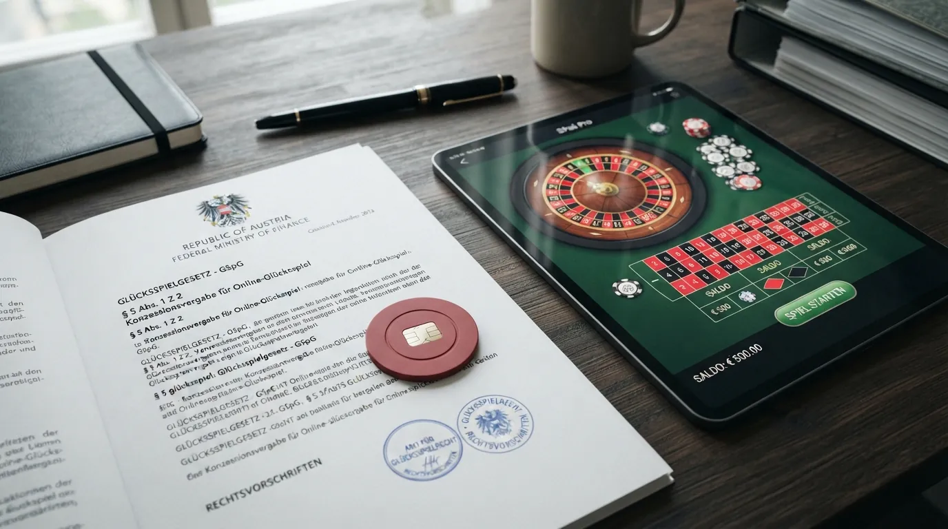 Ein amtliches Dokument mit Bundesadler liegt auf einem Holztisch, daneben ein Tablet mit einer Casino-Website.