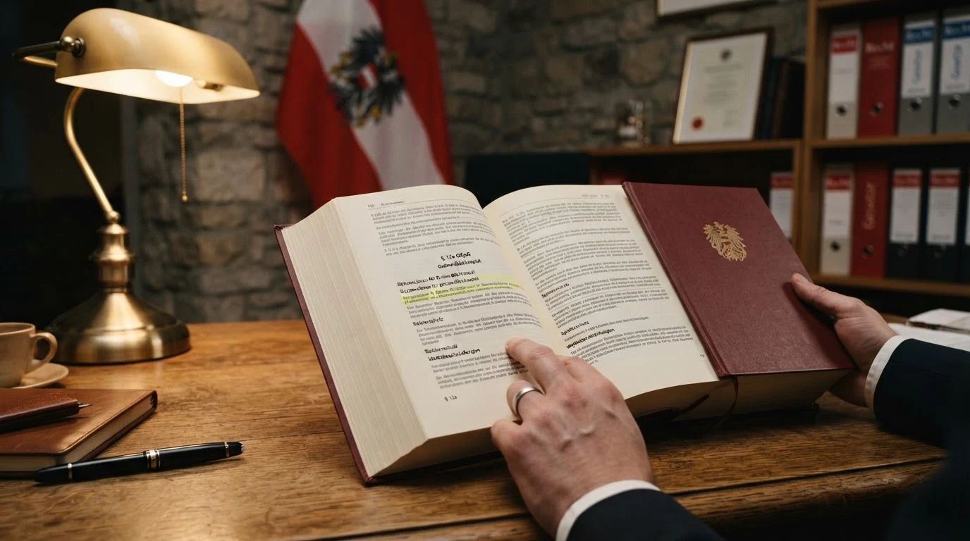 Ein aufgeschlagenes Gesetzbuch mit dem Bundesadler auf dem Einband und hervorgehobenem Paragrafen-Zeichen im Text.