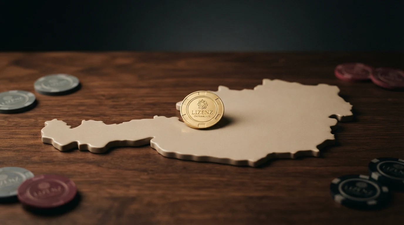 Eine stilisierte Österreich-Karte mit dem win2day-Logo als einzigem markierten Punkt, umgeben von ausgegrauten Casino-Chips, die Offshore-Standorte symbolisieren