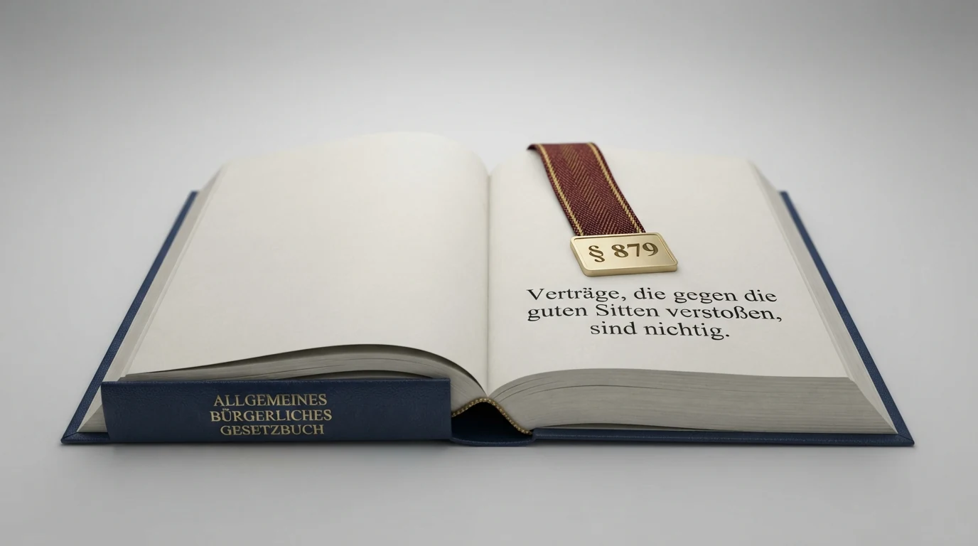 Ein aufgeschlagenes österreichisches Gesetzbuch mit dem Allgemeinen Bürgerlichen Gesetzbuch, ein Lesezeichen markiert Paragraf 879