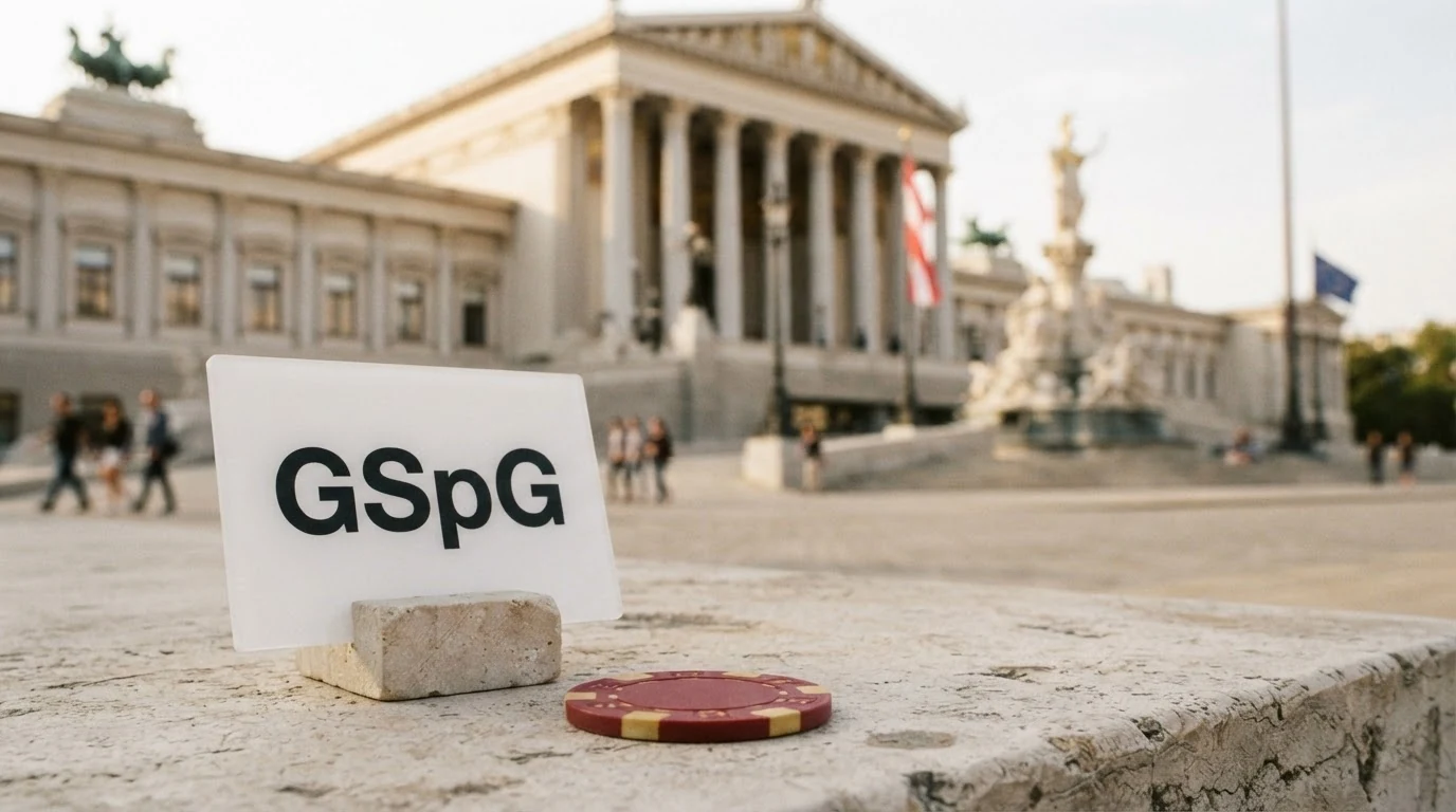 Das österreichische Parlamentsgebäude mit eingeblendetem GSpG-Schriftzug und einem durchgestrichenen Offshore-Casino-Symbol