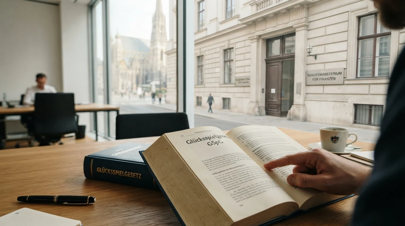 Das offizielle Gebäude des Bundesministeriums für Finanzen in Wien mit der Aufschrift „Bundesministerium für Finanzen“ — im Vordergrund ein aufgeschlagenes Gesetzbuch mit dem Titel „Glücksspielgesetz“