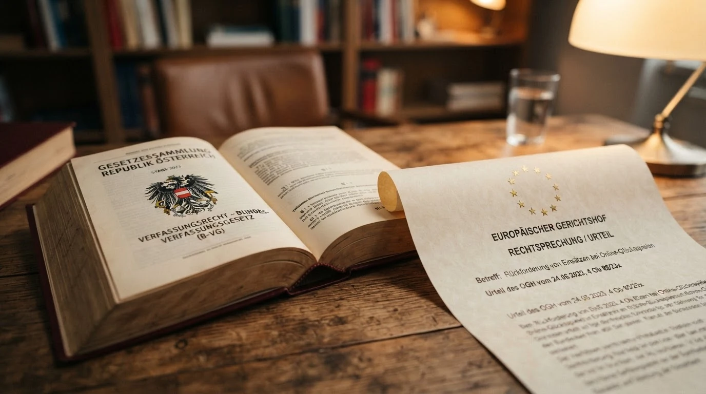 Ein aufgeschlagenes Gesetzbuch mit dem österreichischen Bundesadler, daneben ein Dokument mit dem EuGH-Sternenkranz